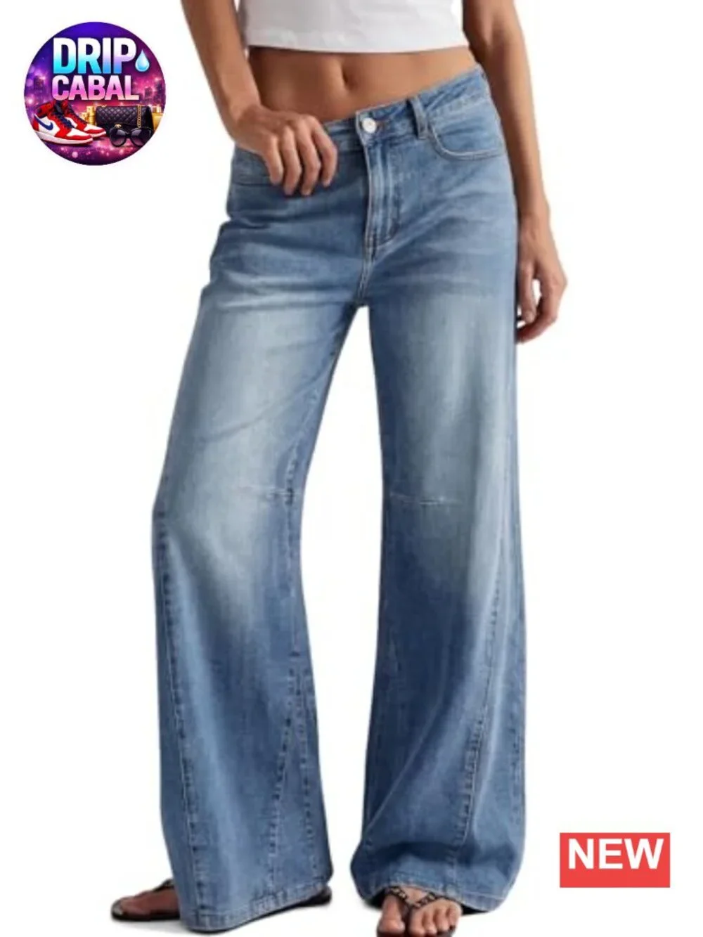 High Waisted Wide Leg Flare Jeans with Pockets - Cotton Blend